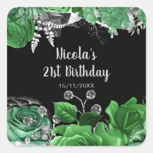 Elegant Green and Silver Flowers Birthday Party Square Sticker