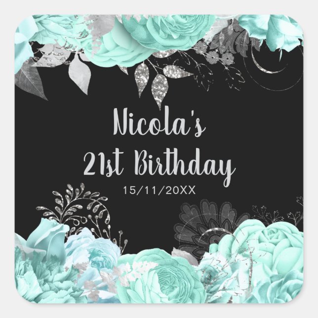 Elegant Green and Silver Flowers Birthday Party Square Sticker (Front)