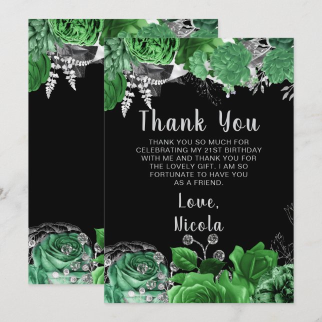 Elegant Green and Silver Flowers Birthday Party  Thank You Card (Front/Back)