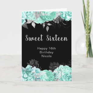 Elegant Green and Silver Flowers Sweet Sixteen Card