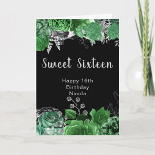 Elegant Green and Silver Flowers Sweet Sixteen   Card