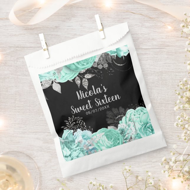 Elegant Green and Silver Flowers Sweet Sixteen Favour Bags (Clipped)