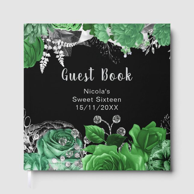 Elegant Green and Silver Flowers Sweet Sixteen  Guest Book (Front)