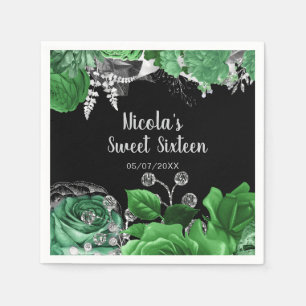 Elegant Green and Silver Flowers Sweet Sixteen Napkin