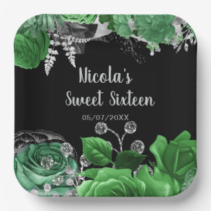 Elegant Green and Silver Flowers Sweet Sixteen  Paper Plate