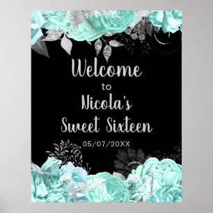 Elegant Green and Silver Flowers Sweet Sixteen Poster