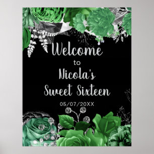 Elegant Green and Silver Flowers Sweet Sixteen Poster