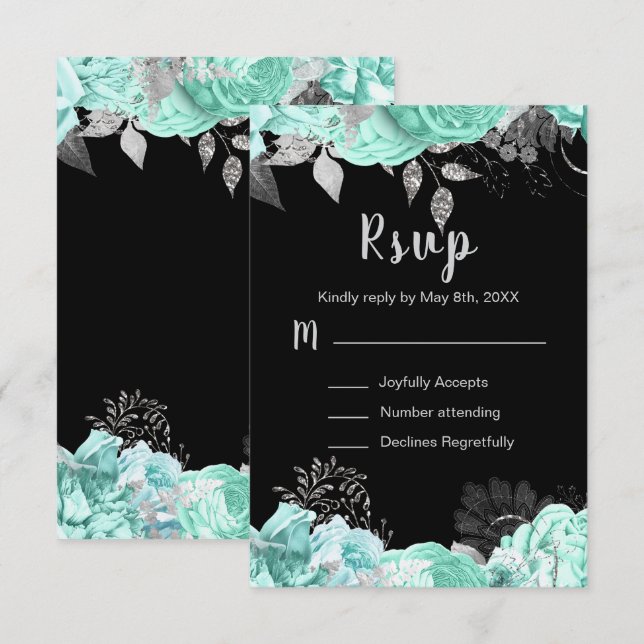 Elegant Green and Silver Flowers Sweet Sixteen RSVP Card (Front/Back)