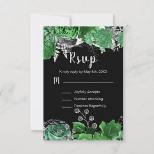 Elegant Green and Silver Flowers Sweet Sixteen RSVP Card