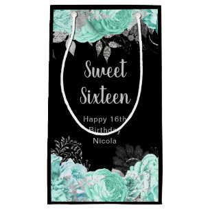 Elegant Green and Silver Flowers Sweet Sixteen Small Gift Bag