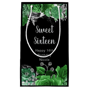 Elegant Green and Silver Flowers Sweet Sixteen  Small Gift Bag