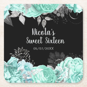 Elegant Green and Silver Flowers Sweet Sixteen Square Paper Coaster