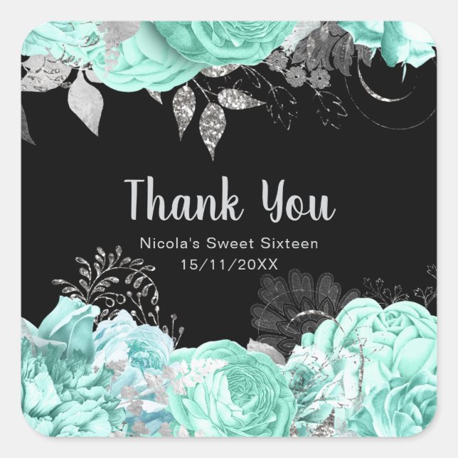 Elegant Green and Silver Flowers Sweet Sixteen Square Sticker (Front)