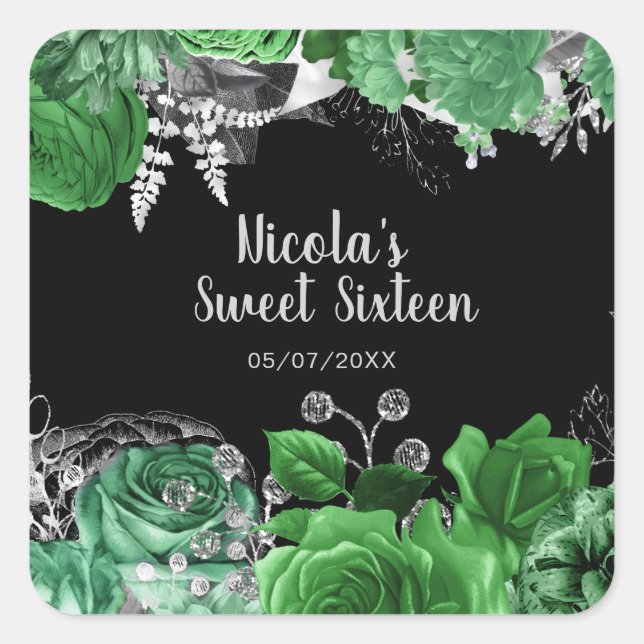 Elegant Green and Silver Flowers Sweet Sixteen  Square Sticker (Front)