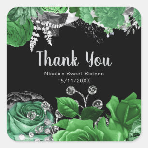 Elegant Green and Silver Flowers Sweet Sixteen  Square Sticker