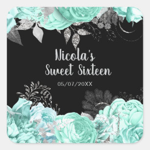 Elegant Green and Silver Flowers Sweet Sixteen Square Sticker