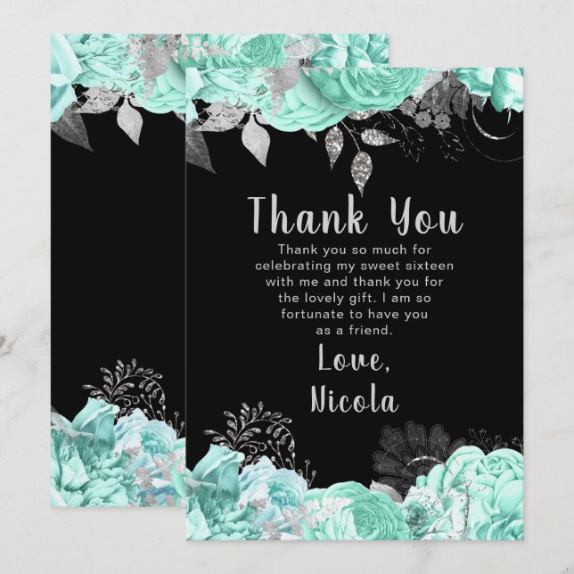 Elegant Green and Silver Flowers Sweet Sixteen Thank You Card (Front/Back)