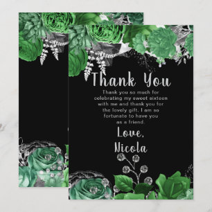 Elegant Green and Silver Flowers Sweet Sixteen  Thank You Card
