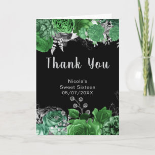 Elegant Green and Silver Flowers Sweet Sixteen  Thank You Card