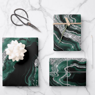Elegant Green and Silver Glitter Agate Birthday Wrapping Paper Sheet