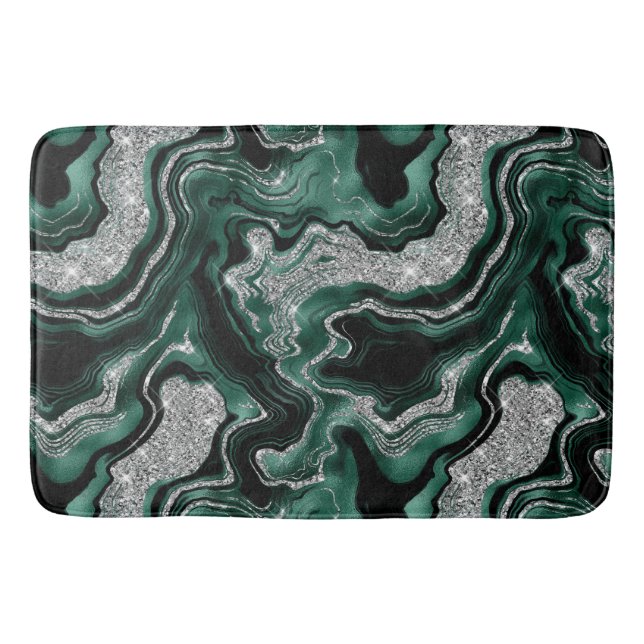 Elegant Green and Silver Glitter Agate Pattern Bath Mat (Front)