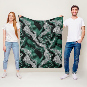 Elegant Green and Silver Glitter Agate Pattern Fleece Blanket