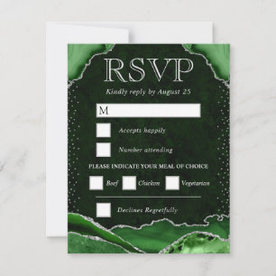 Elegant Green  and Silver Glitter Agate Wedding RSVP Card