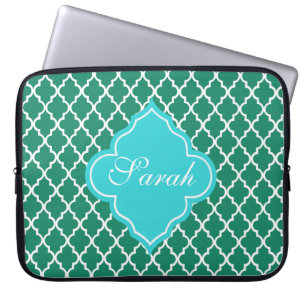 Elegant green and teal quatrefoil monogram laptop sleeve