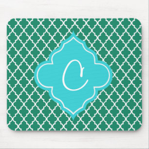 Elegant green and teal quatrefoil monogram mouse mat