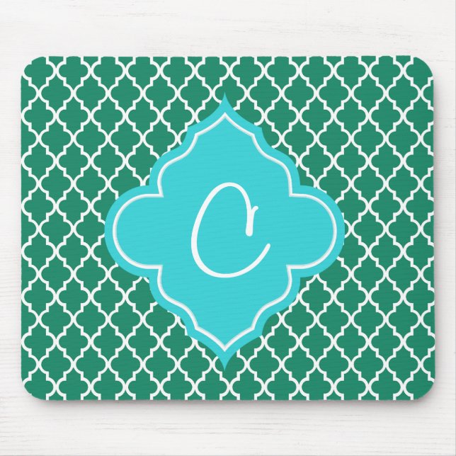 Elegant green and teal quatrefoil monogram mouse mat (Front)