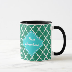 Elegant green and teal quatrefoil monogram mug