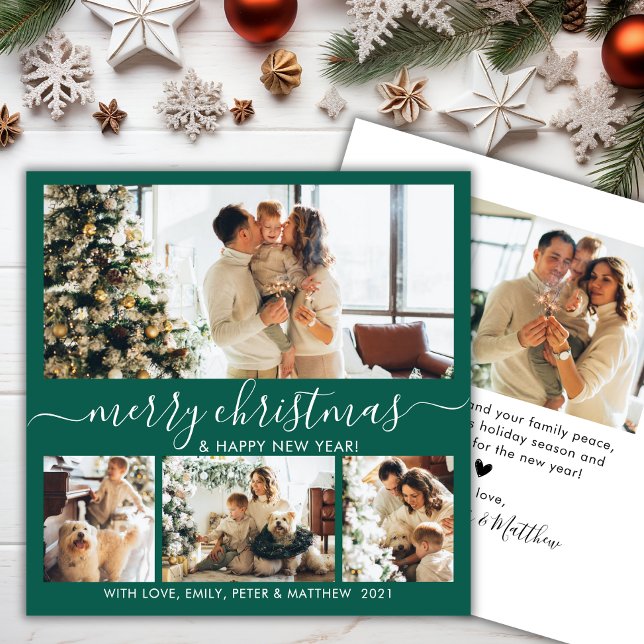 Elegant Green and White  4 Photo Collage Christmas Holiday Card (Creator Uploaded)