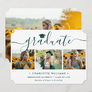 Elegant Green and White 4 Photo Graduation Announcement
