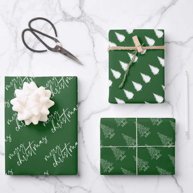 Elegant Green and White Christmas Minimalist Wrapping Paper Sheet (Front)