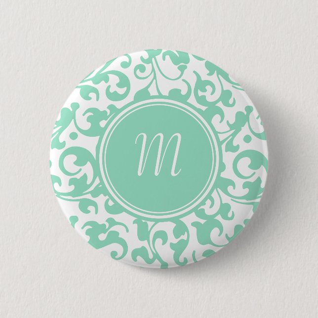 Elegant Green and White Damask Scroll Monogram 6 Cm Round Badge (Front)