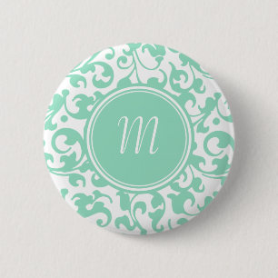 Elegant Green and White Damask Scroll Monogram 6 Cm Round Badge