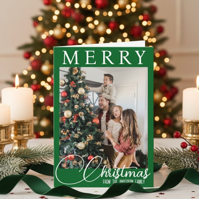 Elegant Green And White Family Photo Christmas Holiday Card (Elegant Green And White Family Photo Christmas Holiday Card)