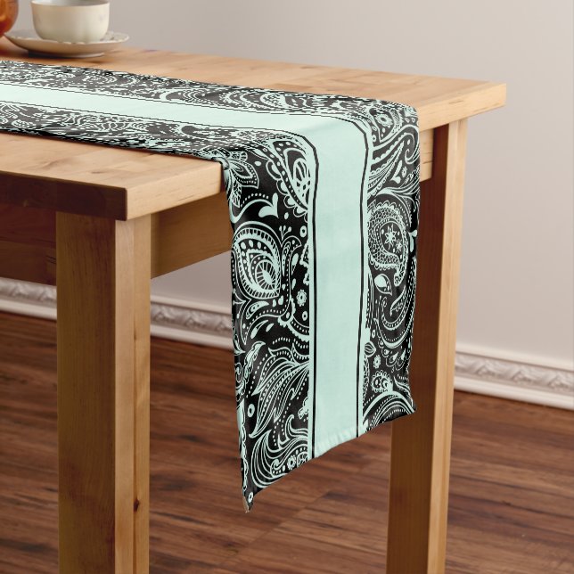 Elegant Green and White Floral Paisley & Stripes Short Table Runner (In Situ)
