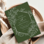 Elegant Green and White Geometric Floral Wedding Invitation<br><div class="desc">Elegant colour and geometric design make this invitation stunning. This design features a dramatic green background,  a lovely floral botanical line drawn sketch,  and custom typography with a geometric border on the front. The reverse side features a lovely floral tapestry.</div>