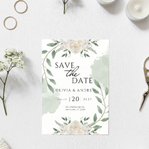 Elegant Green and White Watercolor Save The Date Invitation