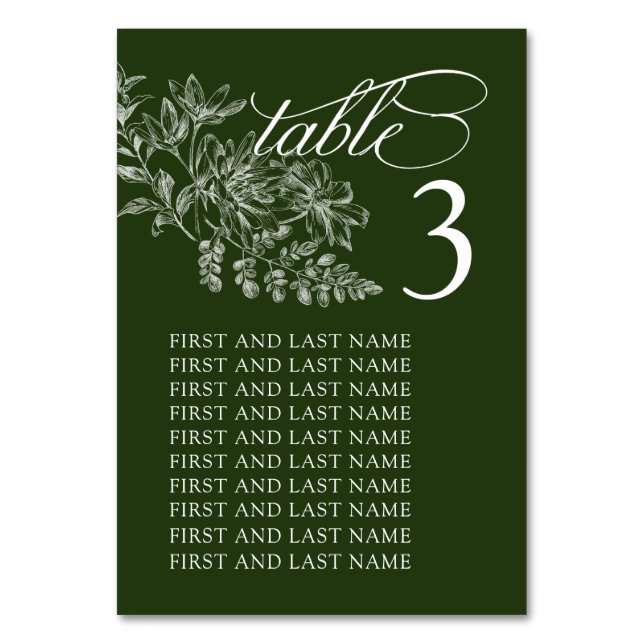 Elegant Green and White Wedding Table Number Card (Front)