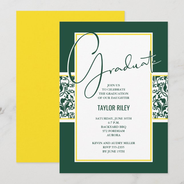 Elegant Green and Yellow Damask Graduation Invitation (Front/Back)