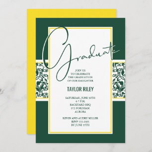 Elegant Green and Yellow Damask Graduation Invitation