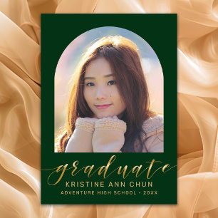 Elegant Green Arch Gold Script Photo Graduation Announcement
