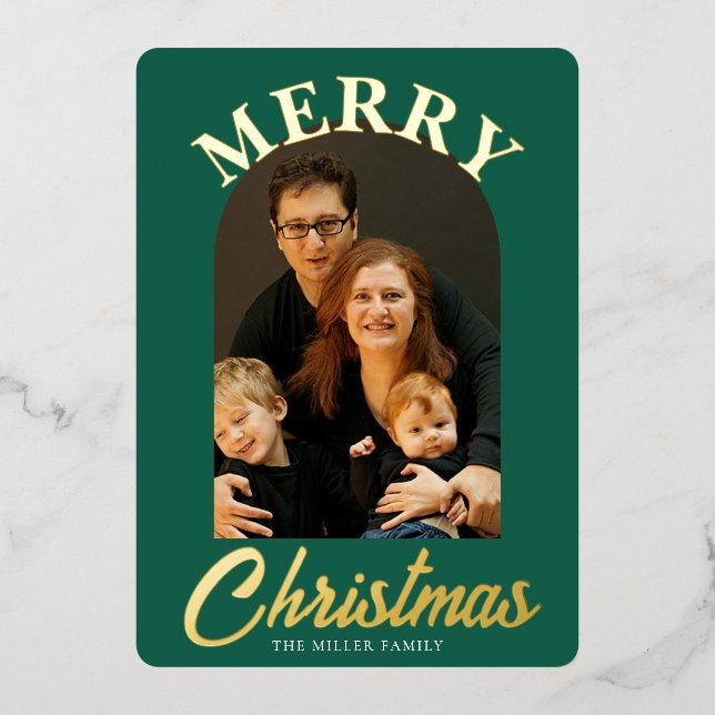 Elegant Green Arched Photo Foil Holiday Card (Front)