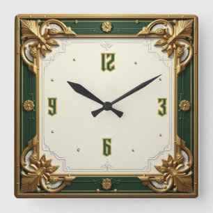 Elegant Green Art Deco Square Wall Clock