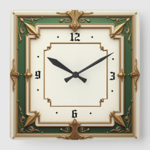 Elegant Green Art Deco Square Wall Clock