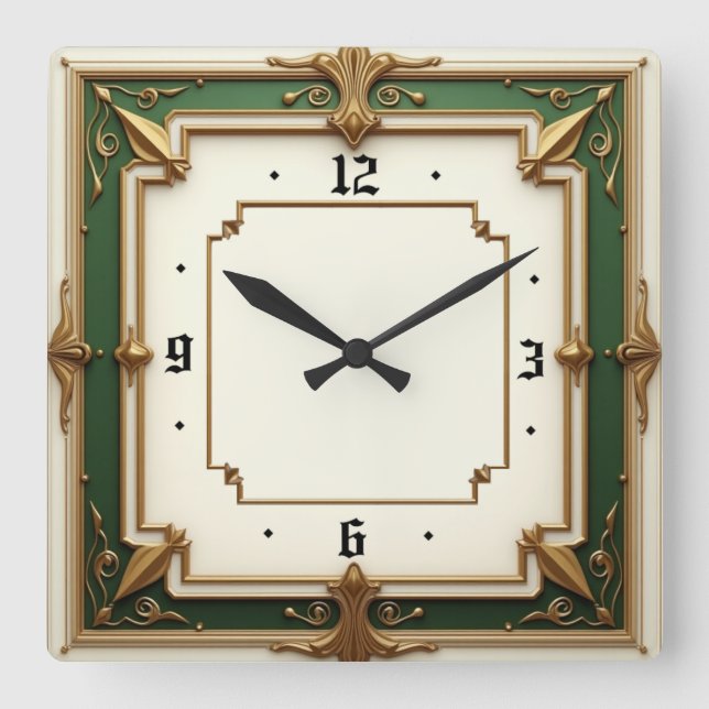 Elegant Green Art Deco Square Wall Clock (Front)