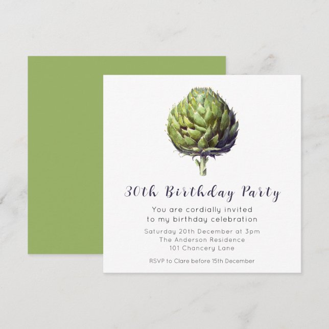 Elegant Green Artichoke BIrthday Invitation (Front/Back)