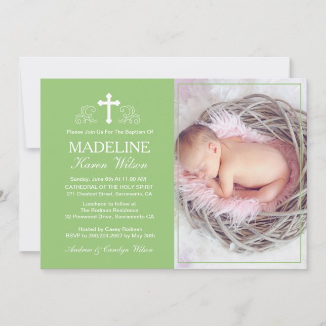 Elegant Green Baptism Photo Invitation Card (Front)